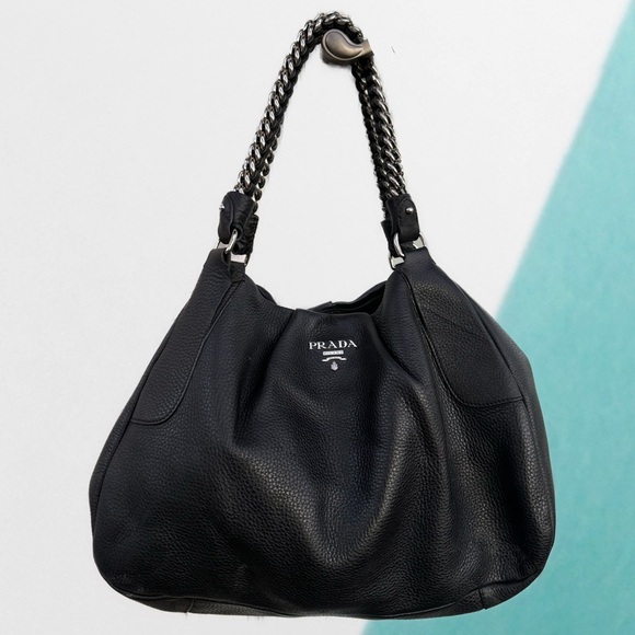 Prada Lux Chain Strap Large Nero Black Shoulder Bag Cervo Leather PURSE - Picture 1 of 11